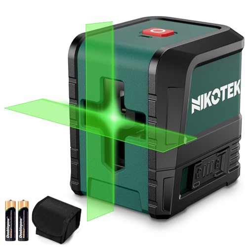 Kreuzlinienlaser, NIKOTEK Selbstnivellierend Linienlaser (Vertikale/Horizontale Grün Laser, IP54, 2 x AA Batteriem, Schutztasche), für Baustellen/Inneneinrichtung/DIY von Nikotek