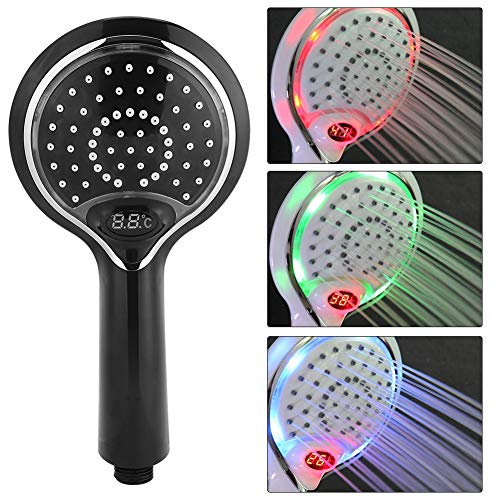 Nikou LED-Duschkopf-Handheld 3 Farben ändern wassergespeist, LED-Duschkopf mit Temperatursensor, Digitalanzeige, Temperaturkontrolle-Duschsprüher (Farbe : Black) von Nikou