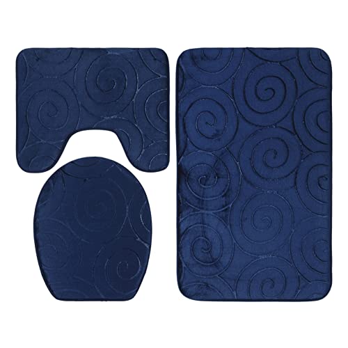 Nikou 3-teiliges Badezimmermatten-Set, WC-Deckelbezug und Bodenmatten, saugfähige Teppiche für die Badewannenseite, Marineblau von Nikou