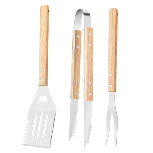 Grillzubehör Set - 3X BBQ Zubehör Für Grillrost Mit Rostfreien Hitzebeständigen Griffen Aus Holz & Antirutsch-Design | Hitzebeständige & Rostfreie Küchenhelfer Für Grillen Camping Burger Steak von Niktule