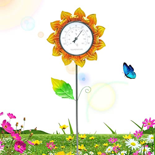 Niktule Außenthermometer für Terrasse, dekoratives Thermometer für Außen, Sonnenblume Metall Pfahl Thermometer für Garten Hof Dekoration von Niktule