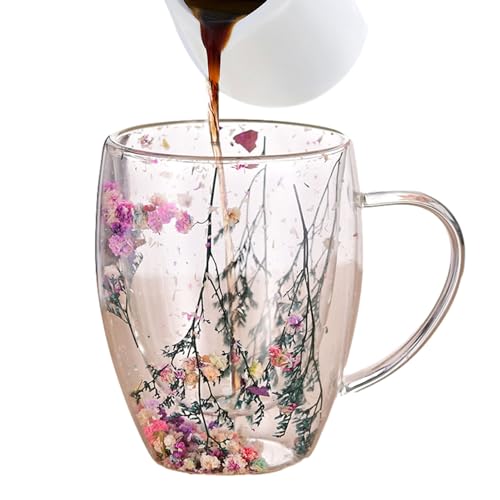 Niktule Doppelschichtiger Glasbecher mit hohem Borosilikatgehalt und getrockneten Blumen und Griff,doppelwandige teegläser,Doppelwandige Kaffeetassen Hitzebeständige Glastasse Kaffeetasse mit Henkel von Niktule