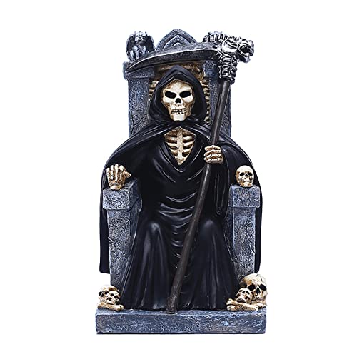 Niktule Halloween-Skelettfiguren - Sensenmann-Skelett auf Thron - Gruselige Totenkopf-Statue, Schreibtischdekoration, gotische Dekoration, Skulpturen und Figuren von Niktule