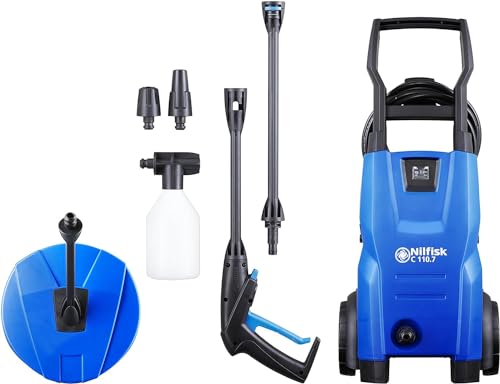 Nilfisk C 110.7 Bar Hochdruckreiniger + Schaumsprüher + Kompakt-Flächenreiniger - Mini Pressure Washer für die Reinigung von Außenbereichen und Autowäsche (1400 W) von Nilfisk