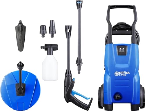 Nilfisk C 110.7 Bar Hochdruckreiniger + Schaumsprüher + Kompakt-Flächenreiniger + Bürste - Mini Pressure Washer für die Reinigung von Außenbereichen und Autowäsche (1400 W) von Nilfisk