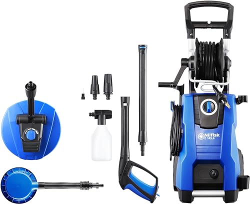 Nilfisk E 145.4 Bar Hochdruckreiniger + Schaumsprüher + Flächenreiniger + Bürste - Pressure Washer für die Reinigung von Außenbereichen und die Autowäsche (2100 W), Blau von Nilfisk