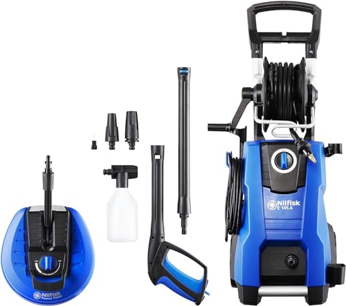 Nilfisk E 145.4 Bar Hochdruckreiniger + Schaumsprüher + Power Flächenreiniger - Pressure Washer für die Reinigung von Außenbereichen und die Autowäsche (2100 W), Blau von Nilfisk