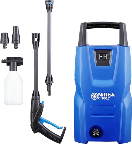 Nilfisk Hochdruckreiniger C 100 Bar + Schaumsprüher - Mini Pressure Washer Für Terrassen, Werkstätten und Autos (1300 W) von Nilfisk