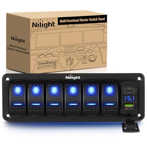 Nilight 6-Gang-Wippschalter-Panel mit PD Typ C und USB-Ladegerät, Voltmeter, 12 V, SPST ON-Off-Schalter-Panel mit blauer Hintergrundbeleuchtung, wasserdichter Aluminium-Wippschalter für Boote, Autos, Nilight 6-Gang-Wippschalter-Panel mit PD Typ C und USB-Ladegerät, Voltmeter, 12 V, SPST ON-Off-Schalter-Panel mit blauer Hintergrundbeleuchtung, wasserdichter Aluminium-Wippschalter für Boote, Autos, von Nilight