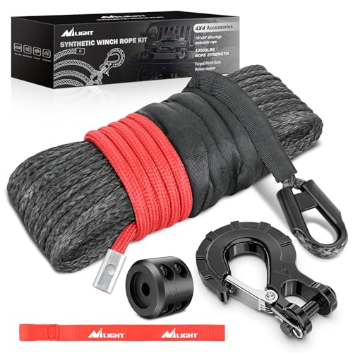 Nilight Seilwinde Seilwinde 1/4 Zoll x 15 m Synthetische Seilwinde Kabel Kit für ATV UTV Offroad 4535.9 kg Schwarze Seilwinde Seil mit Schutzhülle + geschmiedeter 15,875 kg Seilwinde Haken + von Nilight