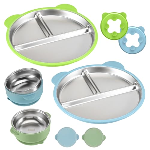 2 Stück Edelstahl Babyteller mit saugnapf und 2 Stück Brei Schüssel Baby Edelstahl, mit Abnehmbar Silikon Hülse Kinder Geschirr Set Geteilte Standfeste Unzerbrechliches für Kleine Kinder von Nilioyul