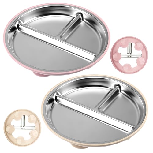 Nilioyul 2 Stück Edelstahl Baby Teller Mit Saugnapf, Geteilte Kinderteller Mit Entfernbarer Silikon Saugnapf, Kinderteller Mit Unterteilung BPA Frei Baby Geschirrset(A) (pink) von Nilioyul