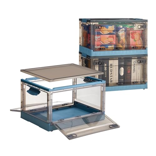 Nilpferd 2X25L faltbare Aufbewahrungsbox mit Deckel Kunststoff-Aufbewahrungsbox mit Rollen Griffen Türen Stapelbare zur Aufbewahrung von Büchern Spielzeug Kleidung Schuhen Bettwäsche(25L*2stk, Blau) von Nilpferd