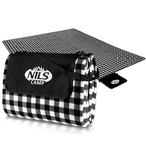 Nils Camp Picknickdecke Outdoor - Camping Decke mit Tragegriff - Faltbar Picknickmatte - Praktisch Stranddecke - wasserdichte und Sanddichte Unterseite - 300 x 200 cm  - Grau Gitter von NILS CAMP