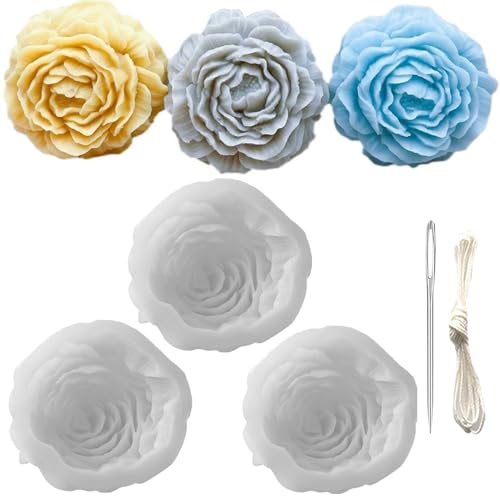 Pfingstrosen-Silikon-Kerzenform, Blumenform, Harzgussformen mit großöhriger Dochtnadel, Kerzendocht für selbstgemachte Duftkerzen, Sojawachs, Kuchen, Seife, Bastelarbeiten, 3 Stück von Nimozekd