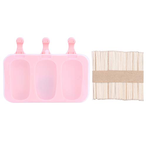 Nettes Muster Eisschimmel Silikonhersteller mit Deckelstab rosa 3 Kaninchenform für DIY-Eiscreme Küchenwerkzeug (3 aufeinanderfolgende Ovale + 50 Stöcke) von NinGYiYan