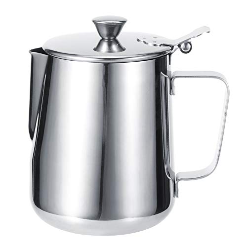 NinGYiYan für rostfreie Stahlmilchfrother, für Kaffee zu Hause, verdicktes Material, Latte Art Pitcher, mit Deckel, Barista essentiell, einfaches Gussdesign, langlebige (600 ml) von NinGYiYan