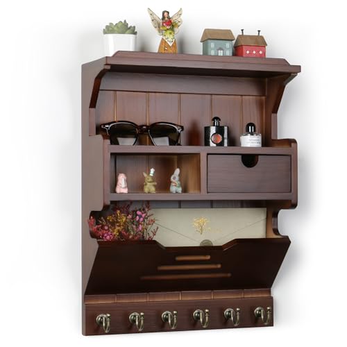 NineLan Schlüsselhalter für die Wand, eleganter Wand-Post-Organizer mit Aufbewahrungsschubladen und 6 Schlüsselhaken, Kiefernholz, luxuriöses Walnuss NineLan Schlüsselhalter für die Wand, eleganter Wand-Post-Organizer mit Aufbewahrungsschubladen und 6 Schlüsselhaken, Kiefernholz, luxuriöses Walnuss von NineLan