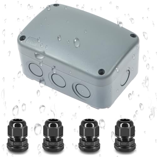 Wasserdichte Abzweigdose mit 4er-Pack M20*1.5mm Kabelverschraubungen Satz, Nineleaf Abzweigdose Wasserdicht Außen IP66,PC ABS Kunststoff,125x86x62mm, Grau von NineLeaf