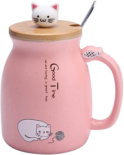 380ml Kaffeetasse，Keramik katzentassen，Wasser Tee Tasse，Teetasse ，hitzebeständige Kaffeetasse mit Löffel Cartoon Katze Deckel Drinkware ，Becher Kinder Cup buero Geschenke（Rosa） von Ninevi