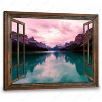 Leinwanddrucke | Rustikales Wohndekor Faux Fenster Leinwand Natur Kunst Berg Wandkunst Landschaft Flussmalerei von NininnniStore