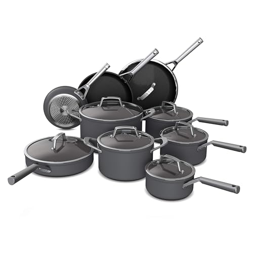 Ninja C39900 Kochgeschirr-Set, 16-teilig Foodi Neverstick Premium Anti-Kratzer Nesting Töpfe & Pfannen mit Deckel, Aluminium, Schwarz von Ninja