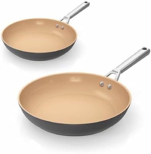 Ninja Extended Life 2-Piece Ceramic Frying Pan Set, (24cm & 28cm Saucepans with Lids), Non-Stick (No PFAs, PFOAs, Lead or Cadmium), Induction Compatible, Oven Safe to 285°C, Terracotta & Grey von Ninja