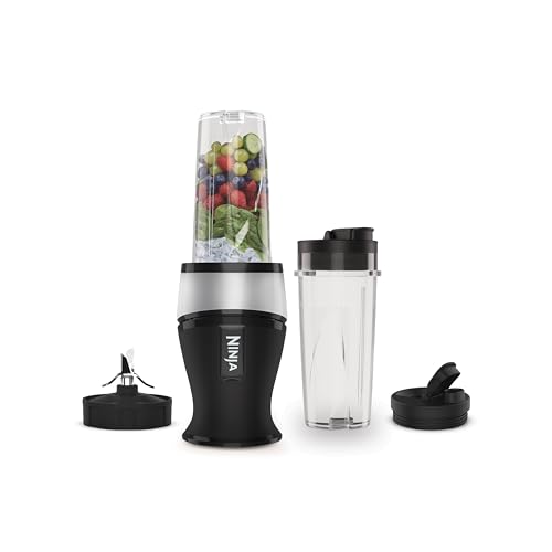 Ninja 700W Slim Mixer & Smoothie Maker, 2x 470ml Becher mit Ausgussdeckel, persönlicher Mixer, Zerkleinert Eis & Gefrorenes Obst, Silber/Schwarz QB3001UKS von Ninja