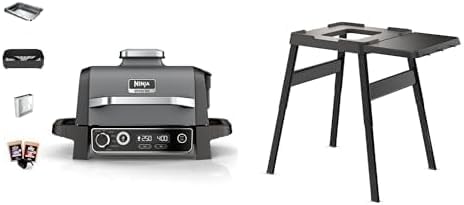 Ninja Woodfire Elektrogrill, Camping-Grill mit Smoker-& Heißluftfritteuse, 7-in-1-Outdoor Grill, räuchern, braten, backen, OG701EU + verstellbarer Ständer 4718J800EUUK von Ninja