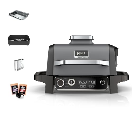 Ninja Woodfire Elektrogrill, Camping-Grill mit Smoker-& Heißluftfritteuse, 7-in-1-Outdoor Grill, räuchern, braten, backen, wetterfest, antihaftbeschichtet, tragbar, Grau/Schwarz OG701EU von Ninja