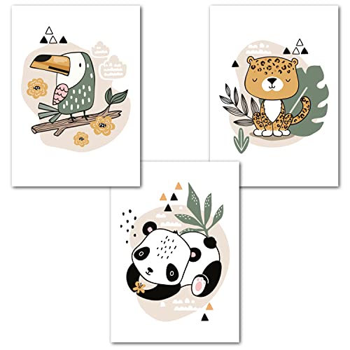 Ninky® Bilder Kinderzimmer | 3er Set Bilder DIN A4 | Wandbilder Babyzimmer Deko | Safari Tiere Dschungel Poster Wandposter Deko Babyzimmer (Set 3 - Tukan Panda Leopard) von Ninky