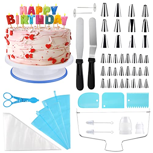 75PCS Torten Zubehör Set Profi mit Tortenplatte Kuchen Drehbar Ninonly Backzubehör für Torten Sprühdüsenset mit Edelstahldüsen,Tortenmesser, Spitze Koppler Tortenmesser für Backen Gebäck von Ninonly