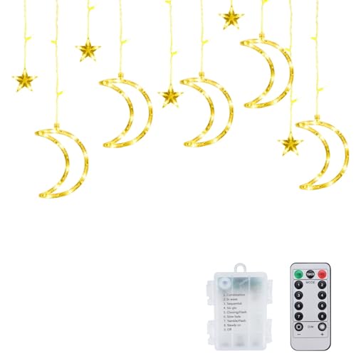 Ninonly LED Ramadan Lichterkette, 126 LED Mond Sterne Lichtervorhang Lichterkette, 8 Modi Vorhang Licht Aussen Wasserdicht, Batteriebetrieben Ramadan Deko für Innen Fenster Balkon Weihnachten von Ninonly