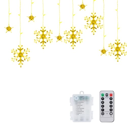 Lichtervorhang Lichterkette, 126 LED Schneeflocken Sterne Weihnachten Lichterkette, 8 Modi Lichterkette Aussen Wasserdicht, Batteriebetrieben Lichtervorhang für Innen Fenster Balkon Weihnachten Deko von Ninonly