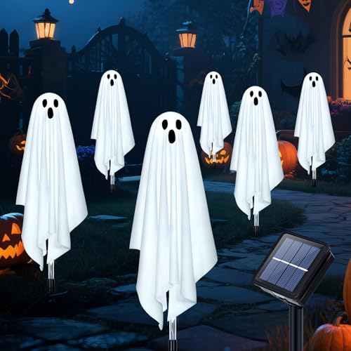 Ninonly Solar Halloween Deko Aussen, 6 Stück Geister Lichterketten Wasserdicht Garten Solarleuchten für Außen, 8 Modi Halloween Geister Deko mit Solarlampen Mast für Party Terrasse von Ninonly