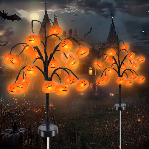 Ninonly Solar Halloween Deko Kürbis, 2 Stück 40 LED Kürbis Solarlampen Außen, 8 Modi Wasserdicht Orangefarbene Kürbislichter Halloween Dekoratione für Garten Hof Party von Ninonly