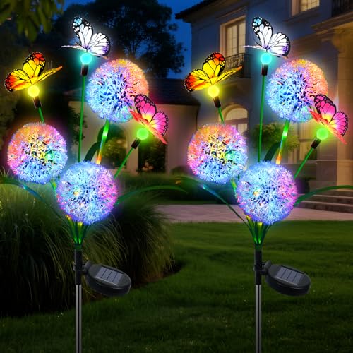 Ninonly Solarlampen für Außen Garten, 2 Stück Solar Löwenzahn mit Schmetterling Solarleuchten Draußen, Wasserdicht Blumen Gartenlampen Outdoor, Garten Deko für Yard Rasen Terrasse Weihnachten von Ninonly