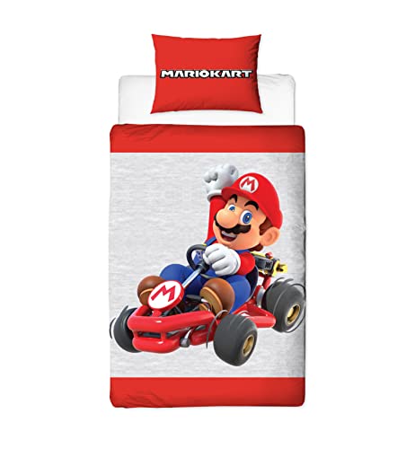 Nintendo Character World Mario Kart-Bettwäsche-Set, offizielles Einzelbett, wendbar, zweiseitig, inklusive passendem Kissenbezug, Marken für Einzelbett, Rot und Grau, Nahaufnahme-Serie von Character World