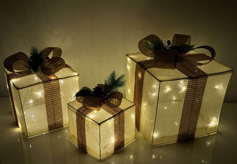 Nipach LED-Lichternetz LED Geschenkwürfel im 3er Set 25cm, 20cm, 15cm Innen & Außen Timer von Nipach
