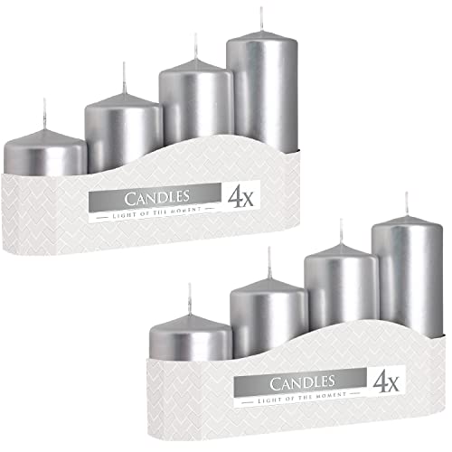 Stumpenkerzen Silber | Weihnachtskerzen Altarkerzen | Durchmesser 4,8 cm | Höhe 7, 9, 11, 13 cm | 2 Boxen (8 Stück) von Nipter