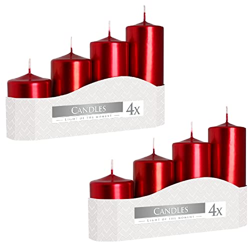 Stumpenkerzen gestuft Rot Metallic | Weihnachtskerzen | Durchmesser 4,8 cm | Höhe 7, 9, 11, 13 cm | 2 Boxen (8 Stück) von Nipter