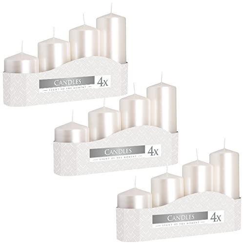 Stumpenkerzen gestuft Weiß Metallic | Blockkerzen | Durchmesser 4,8 cm | Höhe 7, 9, 11, 13 cm | 6 Boxen (24 Stück) von Nipter