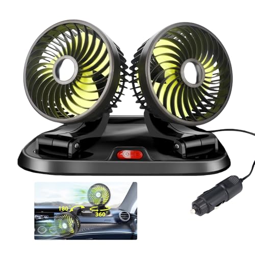 Nircho Auto Ventilator 12V Doppelkopf Ventilator Auto Kfz Lüfter 360 ° Drehbarer mit 2 Geschwindigkeiten Zigarettenanzünder Auto Kühlventilator für Armaturenbrett für Auto Van SUV RV Boot von Nircho