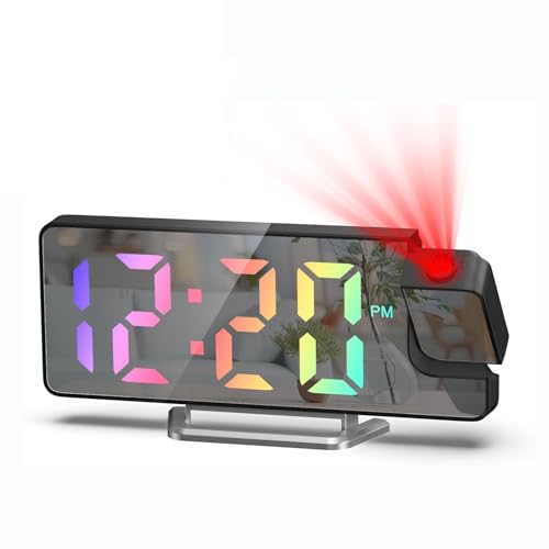 Nircho Wecker Mit Projektion, 7.4" RGB-Farben-Digitalanzeige LED-Spiegeluhr, Projektionswecker mit um 180° Drehbarem, Projektionsuhr mit Temperatur, Dimmer, Snooze, Nachtmodus, USB-Aufladung LED-Uhr von Nircho