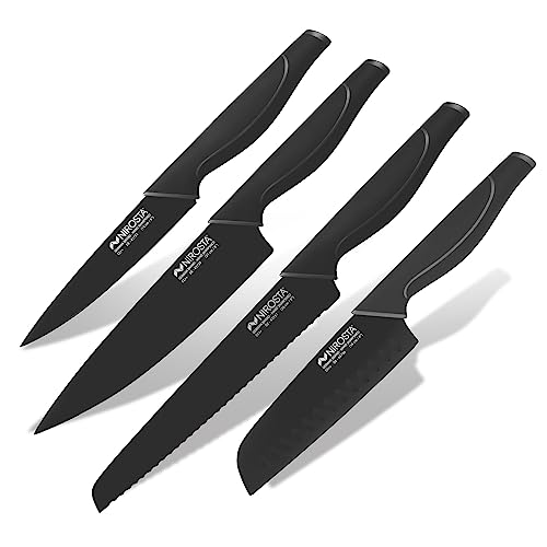 Nirosta Wave-Messer-Set, Verschiedene Messer mit Funktionsteil aus hochwertigem Edelstahl, Premium-Messer mit Soft-Touch Griff, hochwertige Messer für jeden Anlass(Farbe:Schwarz),Menge:1x4er Set von Nirosta