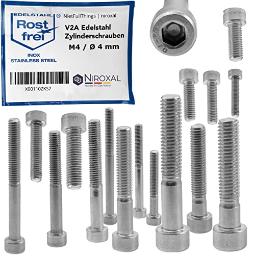 Edelstahl Zylinderkopfschraube rostfrei V2A M4 (=4 mm) 16-mm Schrauben-Länge 200 Stück 16-mm Voll-Gewinde Innensechskant Zylinder Schraube M4x16 von Niroxal