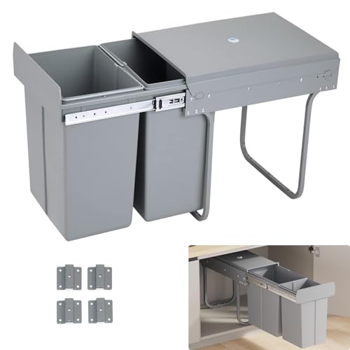 Nisorpa 20 l + 20 l herausziehbarer Küchenabfalleimer, Recycling, Küchenschrank, Mülleimer, geschlossener Mülleimer mit zwei unabhängigen Fächern für Müll, Müllsortierung, 480 x 342 x 418 mm, Grau von Nisorpa