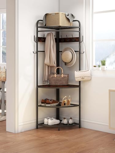 Nisorpa Ecke Garderobenständer 180cm, Eckgarderobe-Mit 11 Haken, Garderobe Regal 80kg Tragfähigkeit Schlafzimmer Wohnzimmer Ecke Eingang Metall & Holz(Braun) von Nisorpa