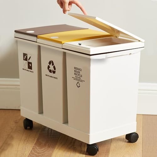 Nisorpa Recycling-Mülleimer, 20 l x 3 Fächer, Kunststoff, Dreifach-Mülleimer für Küche, herausnehmbare Recycling-Mülleimer mit Rollen und Deckel, schlank, langlebig von Nisorpa