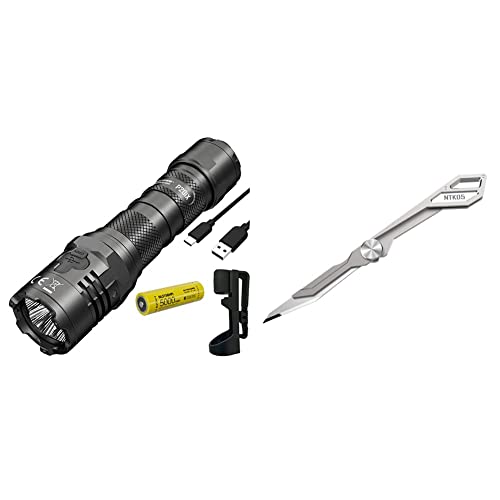 Nitecore Unisex P20iX taktische Hochleistungstaschenlampe, schwarz, Einheitsgröße & NTK05 Ultra Tiny Titanium Keychain Knife von Nitecore